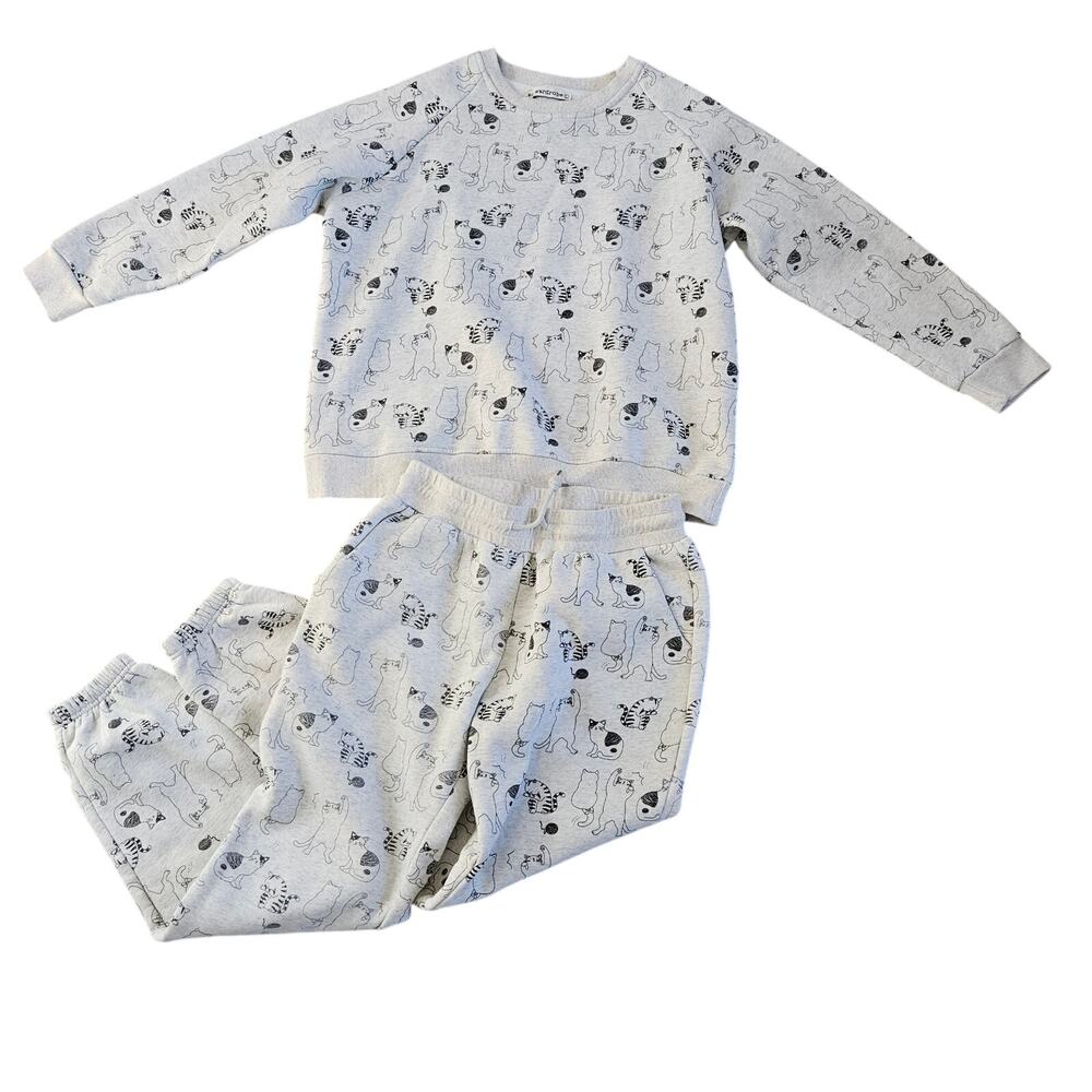 All Over Cat Print Pullover & Sweatpants Matching Set sz L SM Wardrobe Kitty Tan